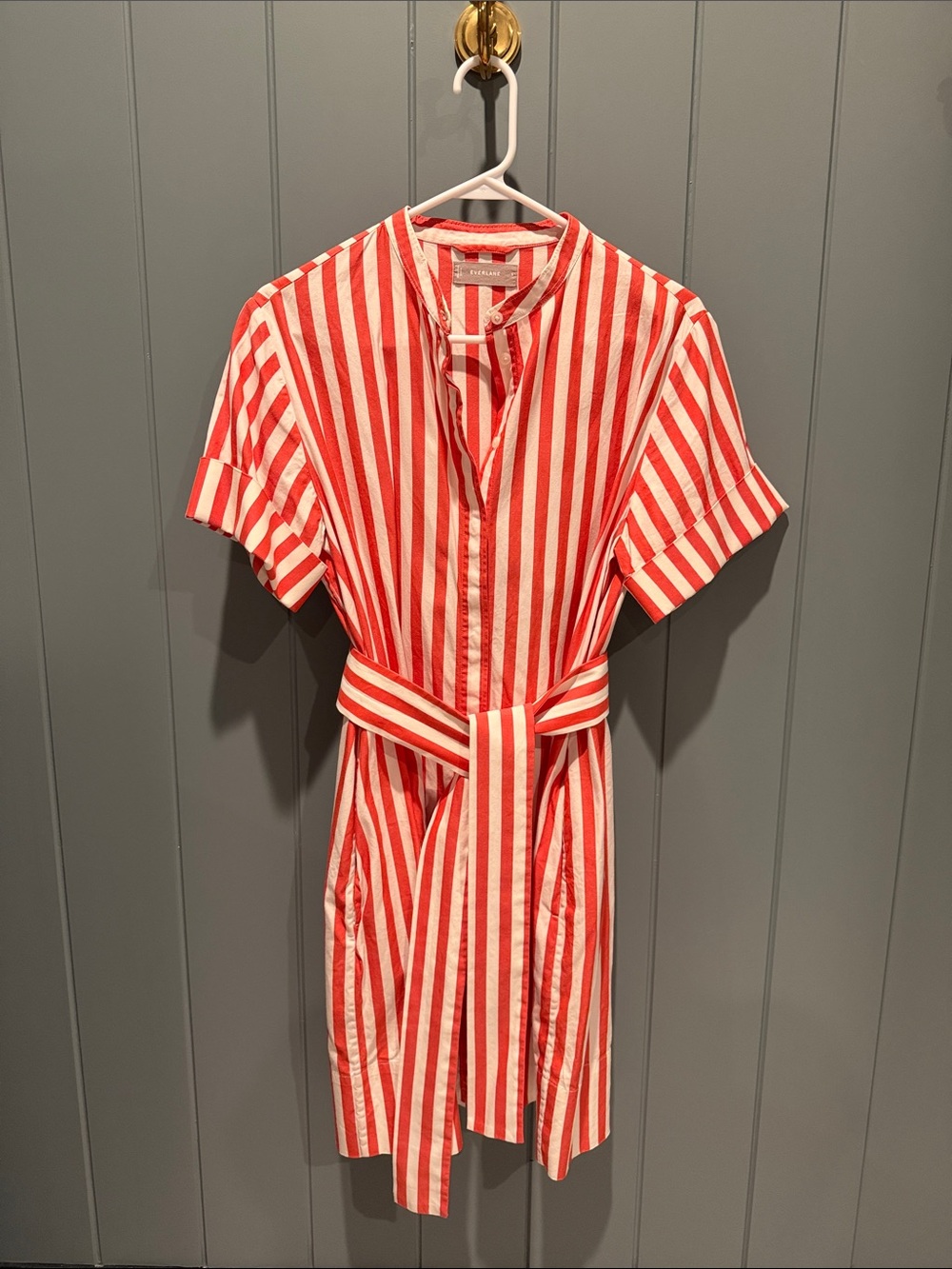 Everlane Red and White Striped Belted Shirt Dress